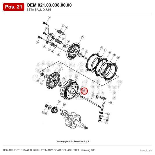 BETA BALL D.7,93 – OEM 021.03.038.00.00, position 21 on the Beta BLUE RR 125 4T R 2026 primary gear cpl./clutch drawing