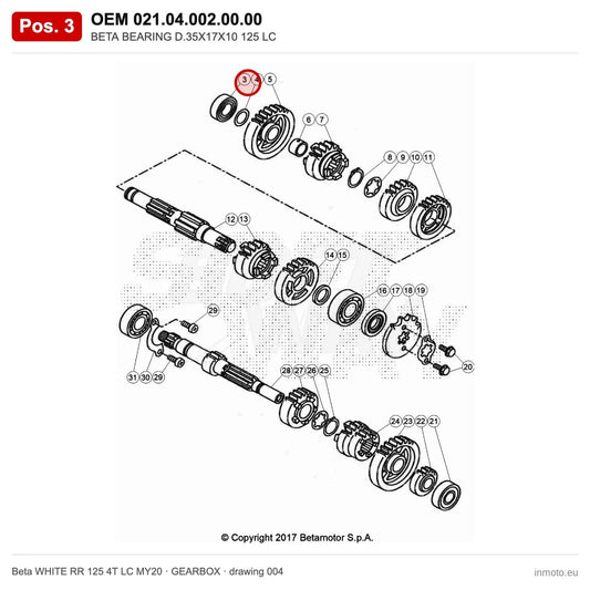BETA BEARING D.35X17X10 125 LC – OEM 021.04.002.00.00, position 3 on the Beta WHITE RR 125 4T LC MY20 gearbox drawing