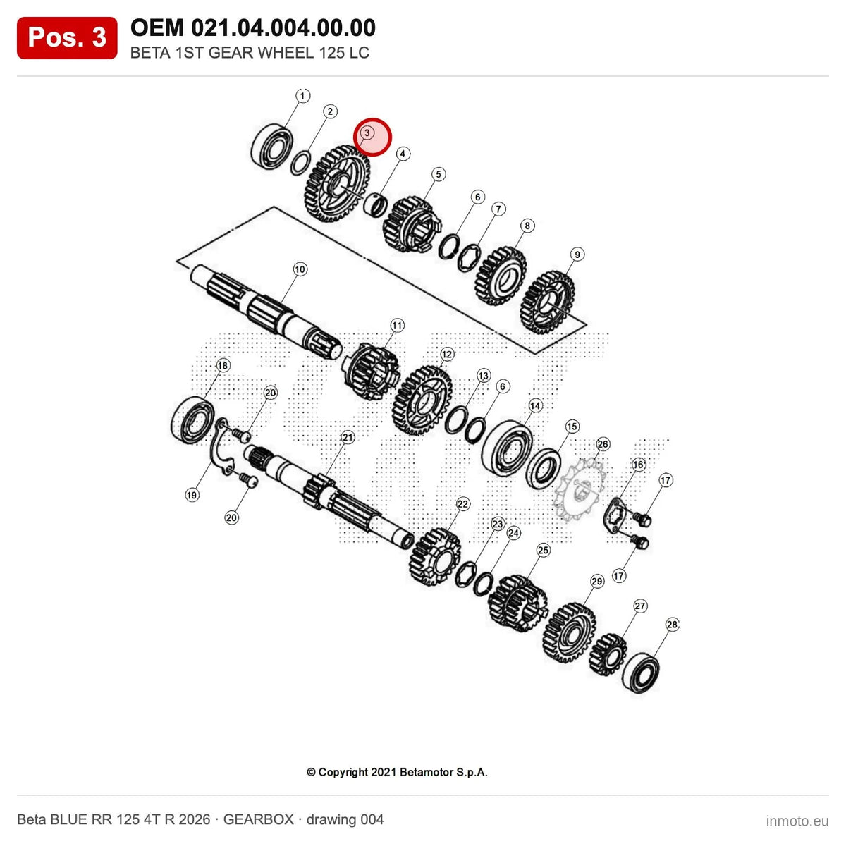 BETA 1ST GEAR WHEEL 125 LC – OEM 021.04.004.00.00, position 3 on the Beta BLUE RR 125 4T R 2026 gearbox drawing