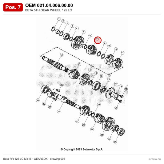 BETA 5TH GEAR WHEEL 125 LC – OEM 021.04.006.00.00, position 7 on the Beta RR 125 LC MY16 gearbox drawing