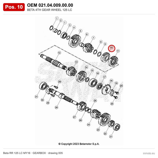 BETA 4TH GEAR WHEEL 125 LC – OEM 021.04.009.00.00, position 10 on the Beta RR 125 LC MY16 gearbox drawing