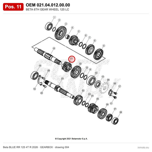 BETA 6TH GEAR WHEEL 125 LC – OEM 021.04.012.00.00, position 11 on the Beta BLUE RR 125 4T R 2026 gearbox drawing
