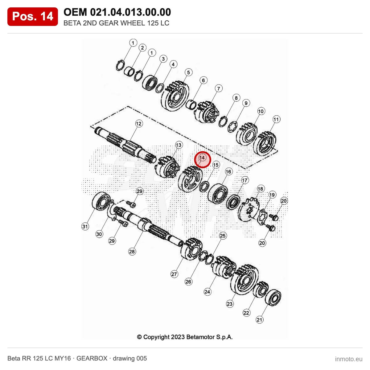 BETA 2ND GEAR WHEEL 125 LC – OEM 021.04.013.00.00, position 14 on the Beta RR 125 LC MY16 gearbox drawing