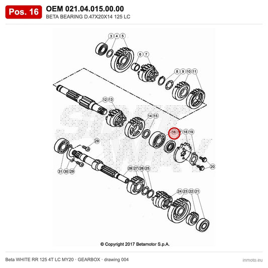BETA BEARING D.47X20X14 125 LC – OEM 021.04.015.00.00, position 16 on the Beta WHITE RR 125 4T LC MY20 gearbox drawing
