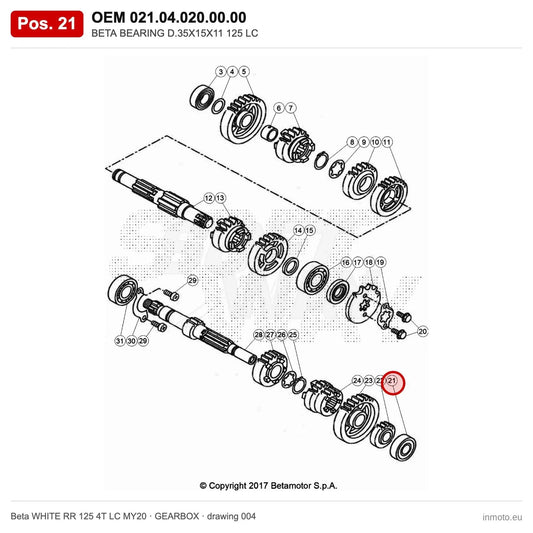 BETA BEARING D.35X15X11 125 LC – OEM 021.04.020.00.00, position 21 on the Beta WHITE RR 125 4T LC MY20 gearbox drawing