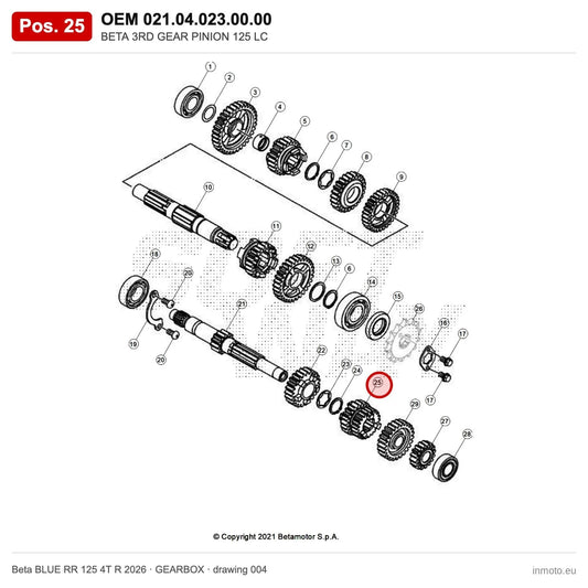 BETA 3RD GEAR PINION 125 LC – OEM 021.04.023.00.00, position 25 on the Beta BLUE RR 125 4T R 2026 gearbox drawing