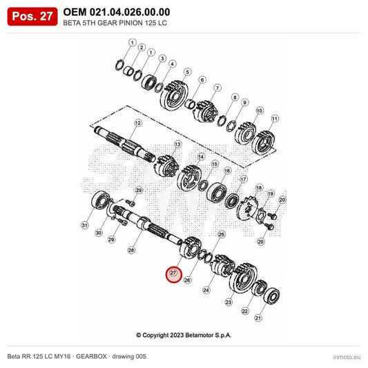 BETA 5TH GEAR PINION 125 LC – OEM 021.04.026.00.00, position 27 on the Beta RR 125 LC MY16 gearbox drawing