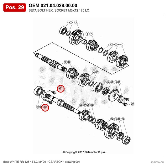 BETA BOLT HEX. SOCKET M6X12 125 LC – OEM 021.04.028.00.00, position 29 on the Beta WHITE RR 125 4T LC MY20 gearbox drawing
