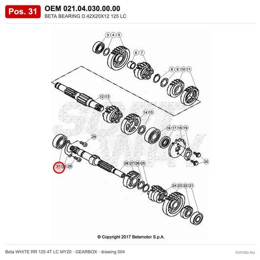 BETA BEARING D.42X20X12 125 LC – OEM 021.04.030.00.00, position 31 on the Beta WHITE RR 125 4T LC MY20 gearbox drawing