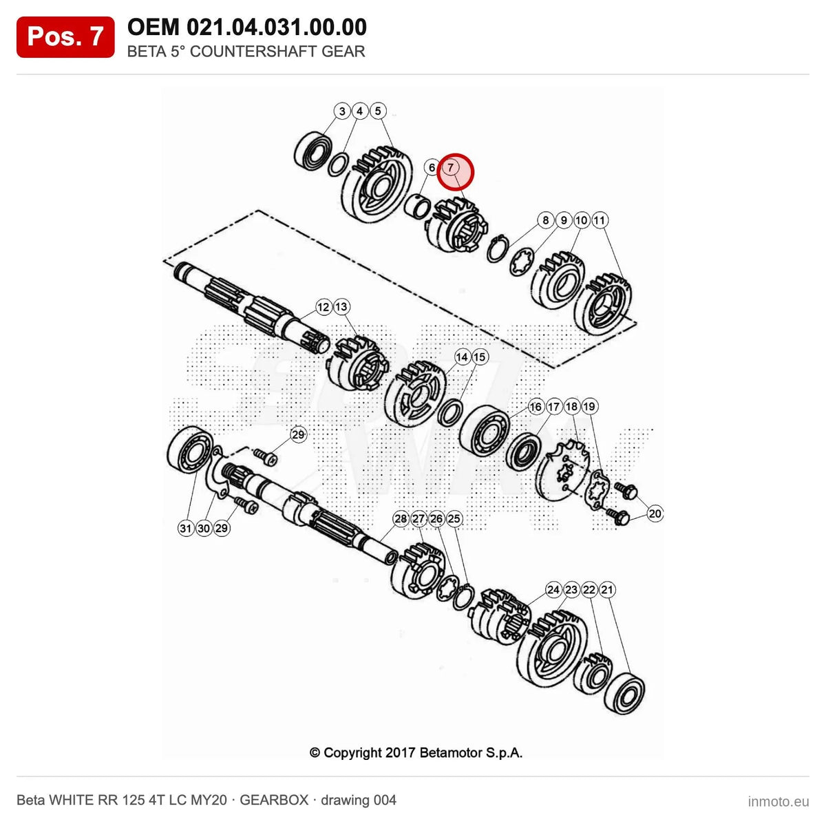 BETA 5° COUNTERSHAFT GEAR – OEM 021.04.031.00.00, position 7 on the Beta WHITE RR 125 4T LC MY20 gearbox drawing
