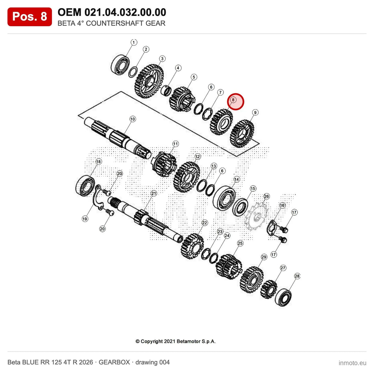 BETA 4° COUNTERSHAFT GEAR – OEM 021.04.032.00.00, position 8 on the Beta BLUE RR 125 4T R 2026 gearbox drawing