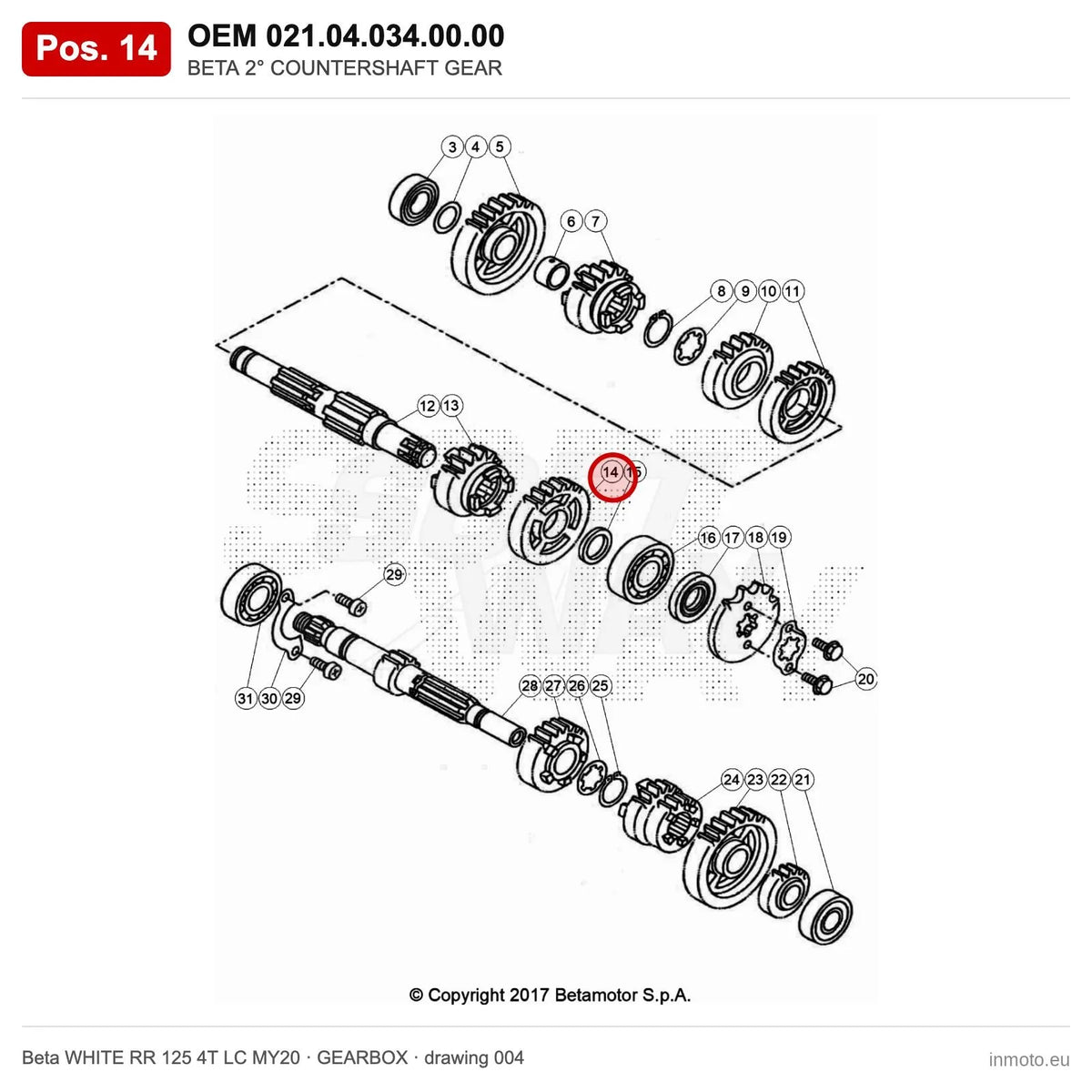BETA 2° COUNTERSHAFT GEAR – OEM 021.04.034.00.00, position 14 on the Beta WHITE RR 125 4T LC MY20 gearbox drawing
