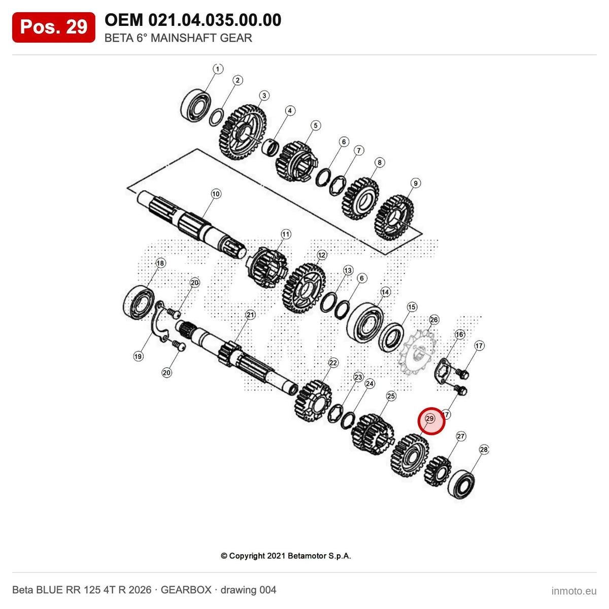 BETA 6° MAINSHAFT GEAR – OEM 021.04.035.00.00, position 29 on the Beta BLUE RR 125 4T R 2026 gearbox drawing