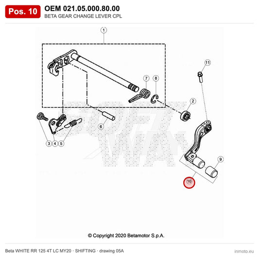 BETA GEAR CHANGE LEVER CPL – OEM 021.05.000.80.00, position 10 on the Beta WHITE RR 125 4T LC MY20 shifting drawing