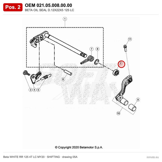 BETA OIL SEAL D.12X22X5 125 LC – OEM 021.05.008.00.00, position 2 on the Beta WHITE RR 125 4T LC MY20 shifting drawing
