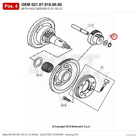 BETA AXLE SEEGER D.10 125 LC – OEM 021.07.010.00.00, position 4 on the Beta WHITE RR 125 4T LC MY20 elettricstarter drawing