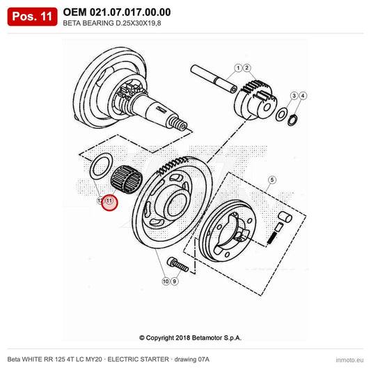BETA BEARING D.25X30X19,8 – OEM 021.07.017.00.00, position 11 on the Beta WHITE RR 125 4T LC MY20 elettricstarter drawing