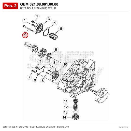 BETA BOLT FLG M6X80 125 LC – OEM 021.08.001.00.00, position 2 on the Beta RR 125 4T LC MY19 lubrication system drawing
