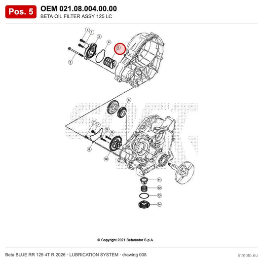 BETA OIL FILTER ASSY 125 LC – OEM 021.08.004.00.00, position 5 on the Beta BLUE RR 125 4T R 2026 lubrication system drawing