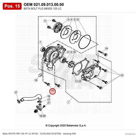 BETA BOLT FLG M6X25 125 LC – OEM 021.09.013.00.00, position 15 on the Beta WHITE RR 125 4T LC MY20 cooling system drawing