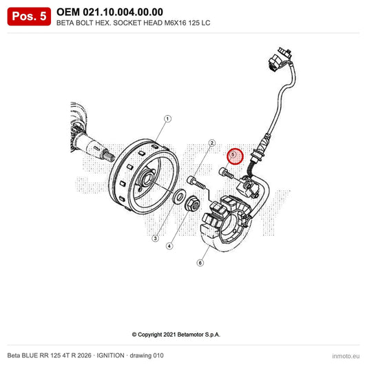 BETA BOLT HEX. SOCKET HEAD M6X16 125 LC – OEM 021.10.004.00.00, position 5 on the Beta BLUE RR 125 4T R 2026 ignition drawing