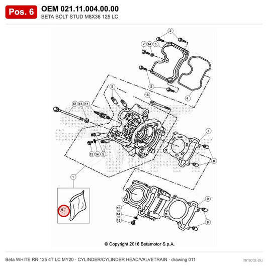 BETA BOLT STUD M8X36 125 LC – OEM 021.11.004.00.00, position 6 on the Beta WHITE RR 125 4T LC MY20 cylinder/cylinder head/valvetrain drawing