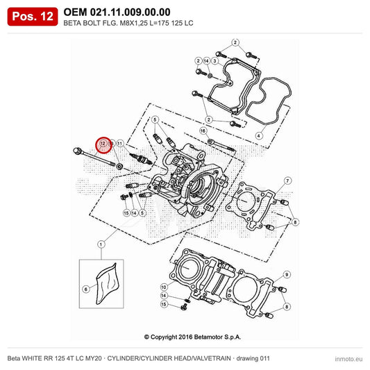 BETA BOLT FLG. M8X1,25 L=175 125 LC – OEM 021.11.009.00.00, position 12 on the Beta WHITE RR 125 4T LC MY20 cylinder/cylinder head/valvetrain drawing