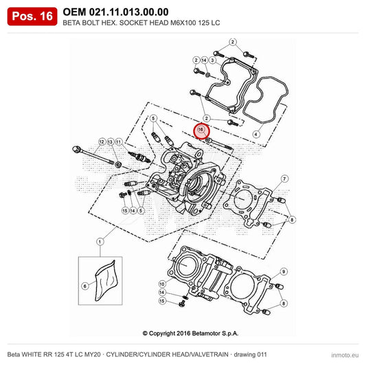 BETA BOLT HEX. SOCKET HEAD M6X100 125 LC – OEM 021.11.013.00.00, position 16 on the Beta WHITE RR 125 4T LC MY20 cylinder/cylinder head/valvetrain drawing
