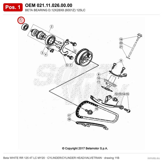 BETA BEARING D.12X28X8 (6001Z) 125LC – OEM 021.11.026.00.00, position 1 on the Beta WHITE RR 125 4T LC MY20 cylinder/cylinder head/valvetrain drawing