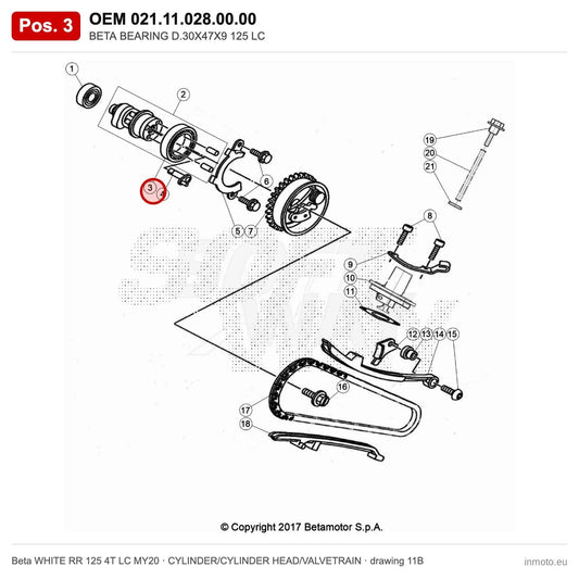 BETA BEARING D.30X47X9 125 LC – OEM 021.11.028.00.00, position 3 on the Beta WHITE RR 125 4T LC MY20 cylinder/cylinder head/valvetrain drawing