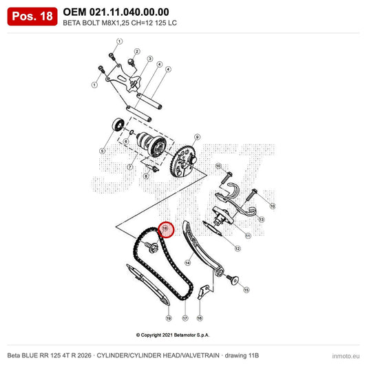 BETA BOLT M8X1,25 CH=12 125 LC – OEM 021.11.040.00.00, position 18 on the Beta BLUE RR 125 4T R 2026 cylinder/cylinder head/valvetrain drawing