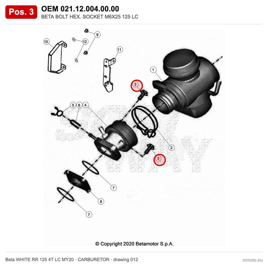BETA BOLT HEX. SOCKET M6X25 125 LC – OEM 021.12.004.00.00, position 3 on the Beta WHITE RR 125 4T LC MY20 carburetor drawing