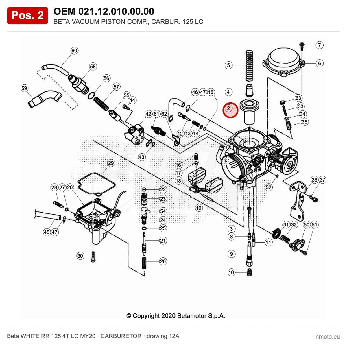 BETA VACUUM PISTON COMP., CARBUR. 125 LC – OEM 021.12.010.00.00, position 2 on the Beta WHITE RR 125 4T LC MY20 carburetor drawing