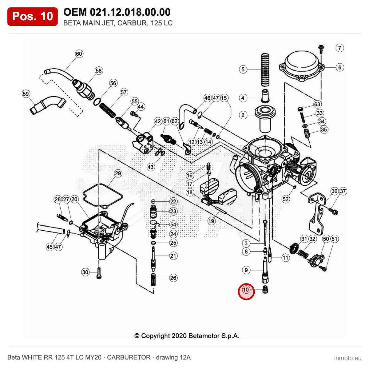 BETA MAIN JET, CARBUR. 125 LC – OEM 021.12.018.00.00, position 10 on the Beta WHITE RR 125 4T LC MY20 carburetor drawing