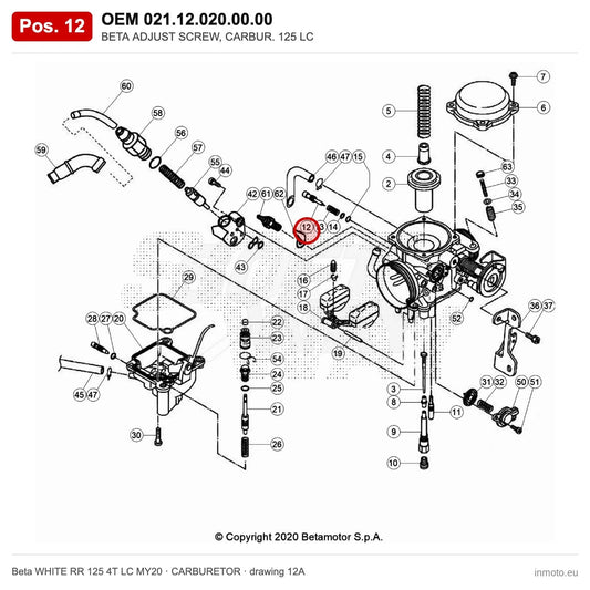 BETA ADJUST SCREW, CARBUR. 125 LC – OEM 021.12.020.00.00, position 12 on the Beta WHITE RR 125 4T LC MY20 carburetor drawing