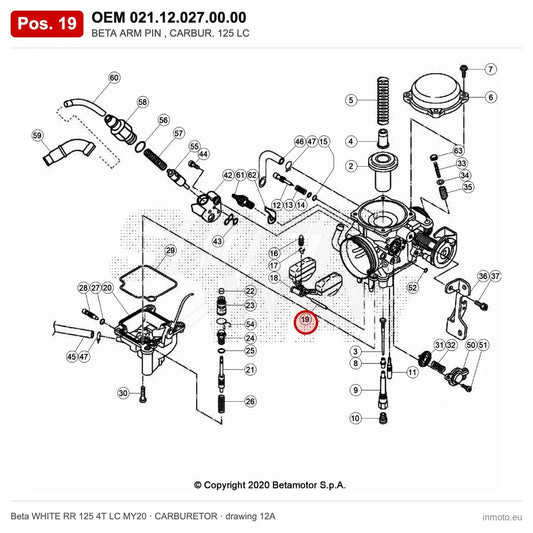BETA ARM PIN , CARBUR. 125 LC – OEM 021.12.027.00.00, position 19 on the Beta WHITE RR 125 4T LC MY20 carburetor drawing