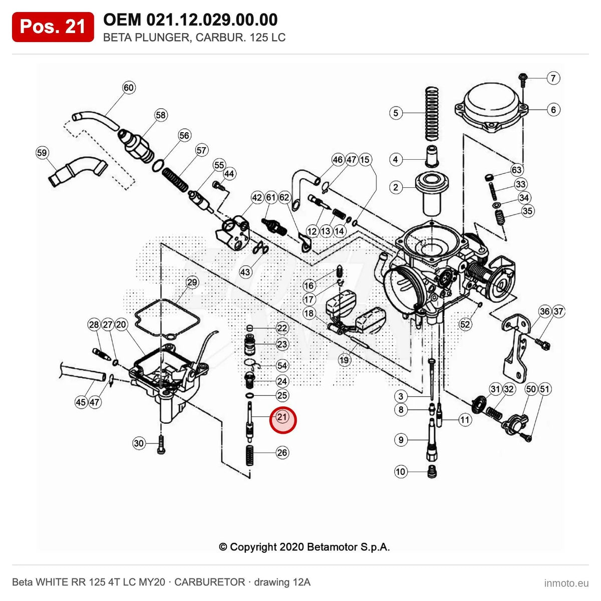 BETA PLUNGER, CARBUR. 125 LC – OEM 021.12.029.00.00, position 21 on the Beta WHITE RR 125 4T LC MY20 carburetor drawing