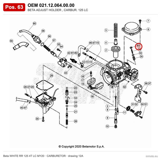 BETA ADJUST HOLDER , CARBUR. 125 LC – OEM 021.12.064.00.00, position 63 on the Beta WHITE RR 125 4T LC MY20 carburetor drawing