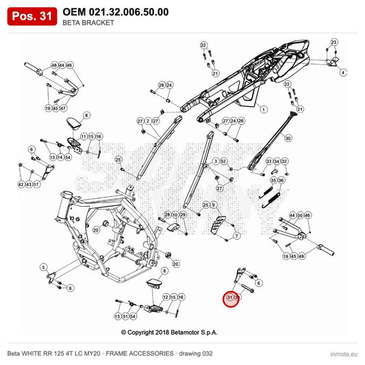 BETA BRACKET – OEM 021.32.006.50.00, position 31 on the Beta WHITE RR 125 4T LC MY20 frame accessories drawing