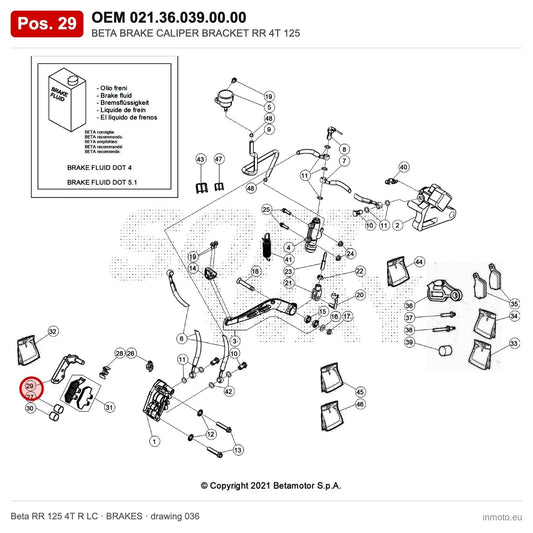 BETA BRAKE CALIPER BRACKET RR 4T 125 – OEM 021.36.039.00.00, position 29 on the Beta RR 125 4T R LC brakes drawing
