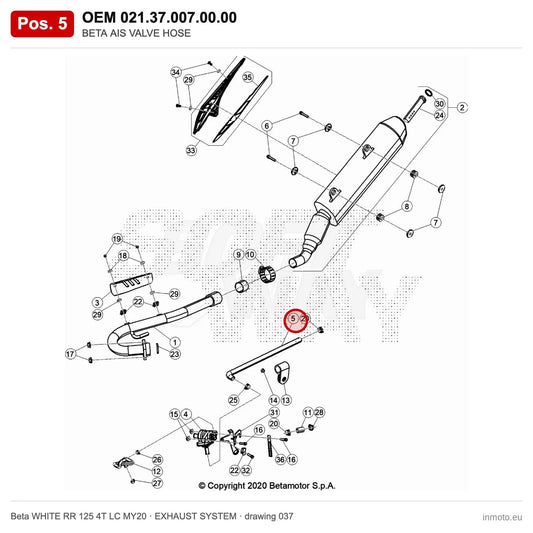 BETA AIS VALVE HOSE – OEM 021.37.007.00.00, position 5 on the Beta WHITE RR 125 4T LC MY20 exhaust system drawing