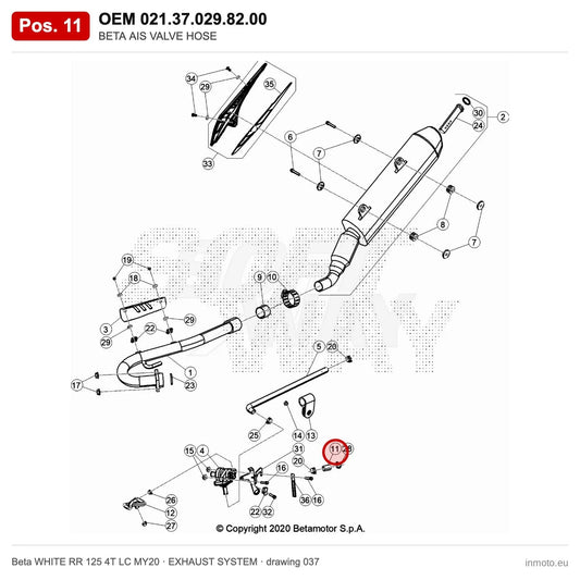 BETA AIS VALVE HOSE – OEM 021.37.029.82.00, position 11 on the Beta WHITE RR 125 4T LC MY20 exhaust system drawing
