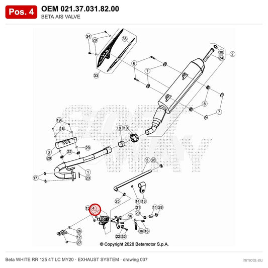 BETA AIS VALVE – OEM 021.37.031.82.00, position 4 on the Beta WHITE RR 125 4T LC MY20 exhaust system drawing
