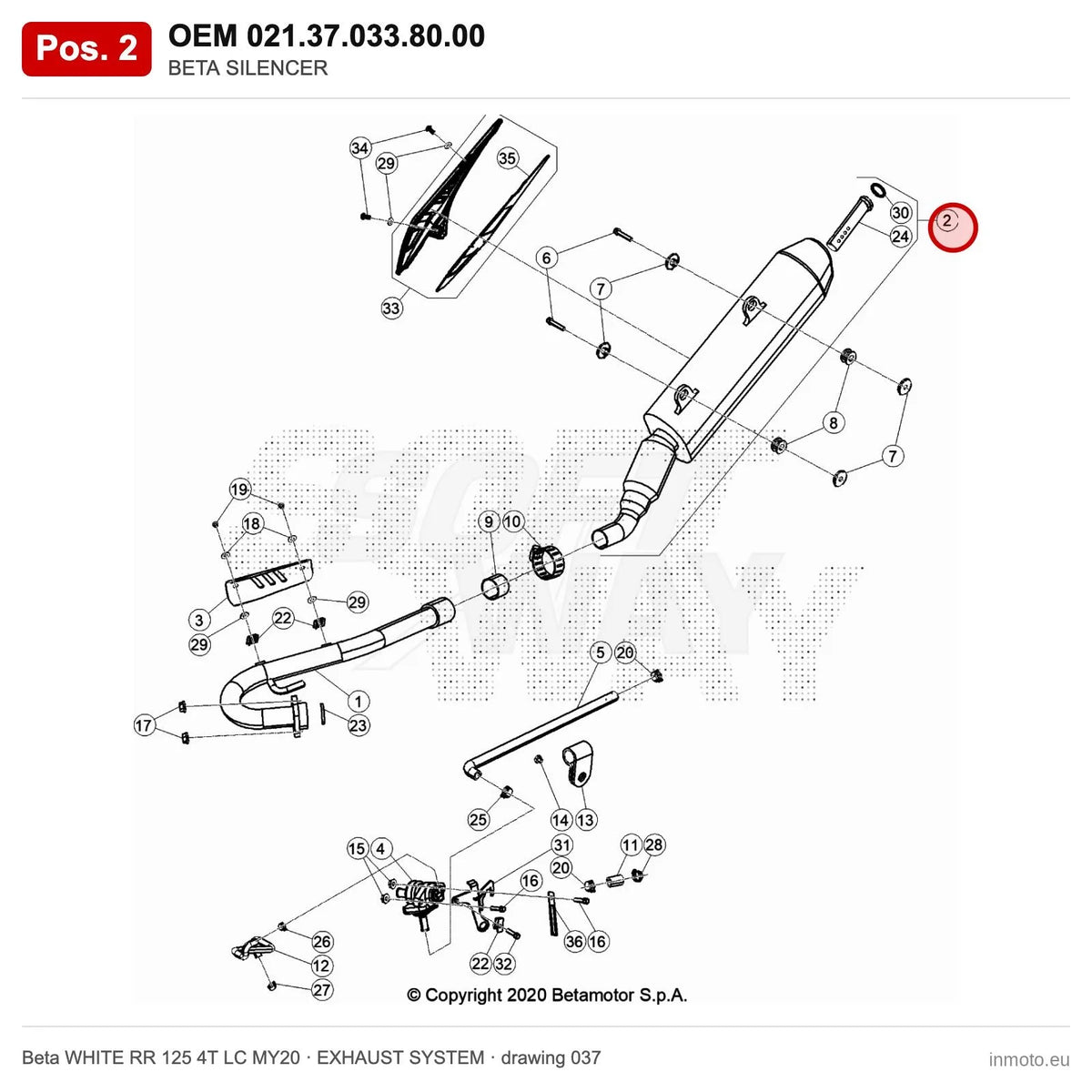 BETA SILENCER – OEM 021.37.033.80.00, position 2 on the Beta WHITE RR 125 4T LC MY20 exhaust system drawing