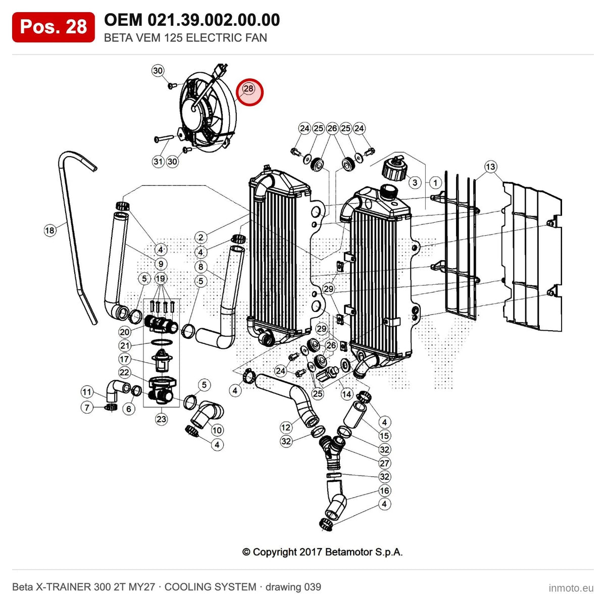 BETA VEM 125 ELECTRIC FAN – OEM 021.39.002.00.00, position 28 on the Beta X-TRAINER 300 2T MY27 cooling system drawing