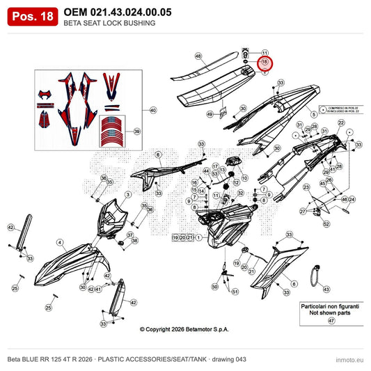 BETA SEAT LOCK BUSHING – OEM 021.43.024.00.05, position 18 on the Beta BLUE RR 125 4T R 2026 plastic accessories/seat/tank drawing