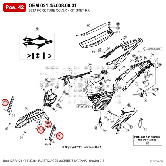BETA FORK TUBE COVER - KIT GREY RR – OEM 021.45.008.00.31, position 42 on the Beta X RR 125 4T T 2026 plastic accessories/seat/tank drawing