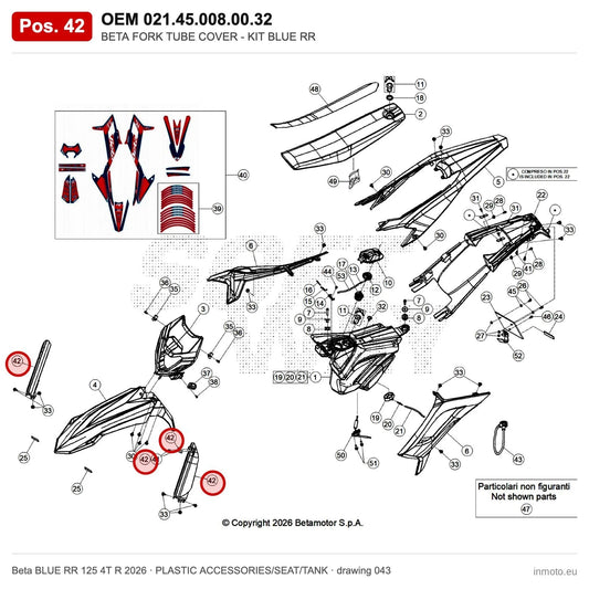 BETA FORK TUBE COVER - KIT BLUE RR – OEM 021.45.008.00.32, position 42 on the Beta BLUE RR 125 4T R 2026 plastic accessories/seat/tank drawing