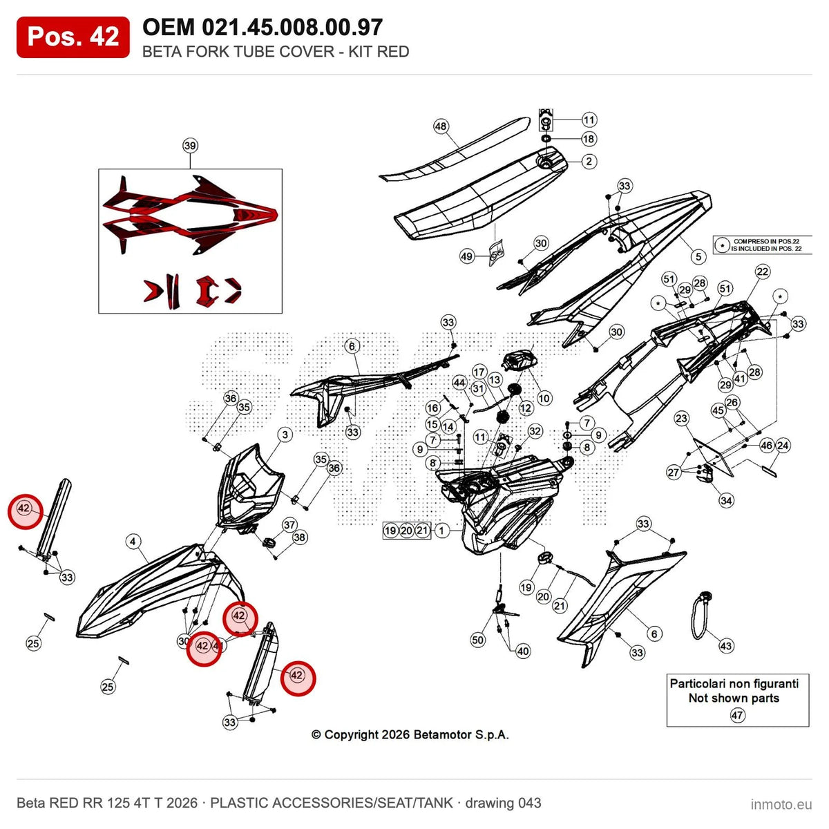 BETA FORK TUBE COVER - KIT RED – OEM 021.45.008.00.97, position 42 on the Beta RED RR 125 4T T 2026 plastic accessories/seat/tank drawing