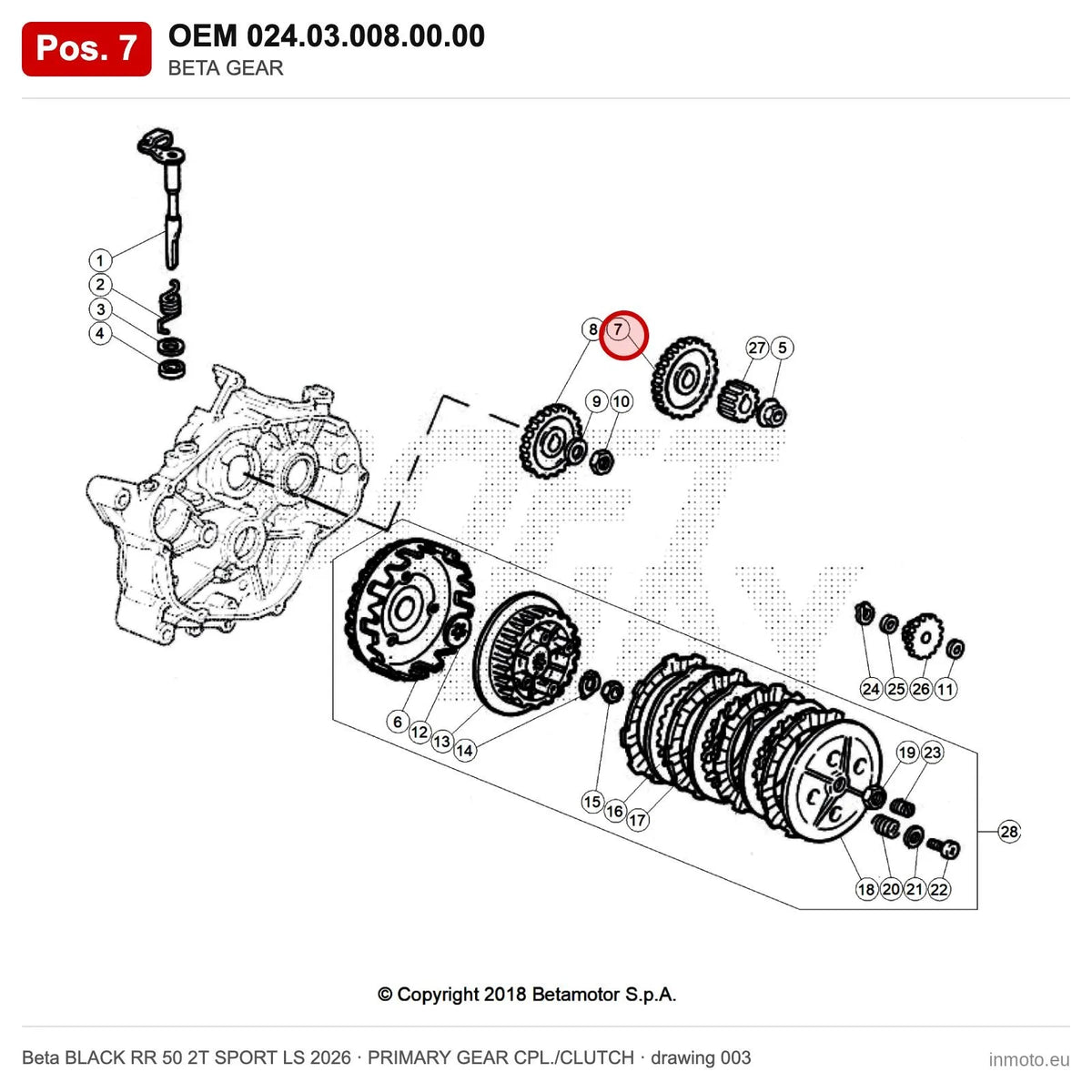 BETA GEAR – OEM 024.03.008.00.00, position 7 on the Beta BLACK RR 50 2T SPORT LS 2026 primary gear cpl./clutch drawing